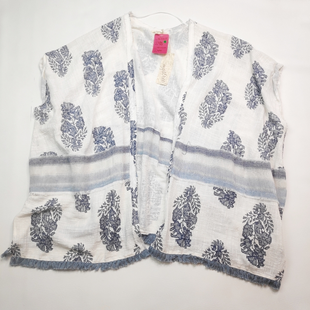 Mystree Linen Blend Open Front Blue White Kimono